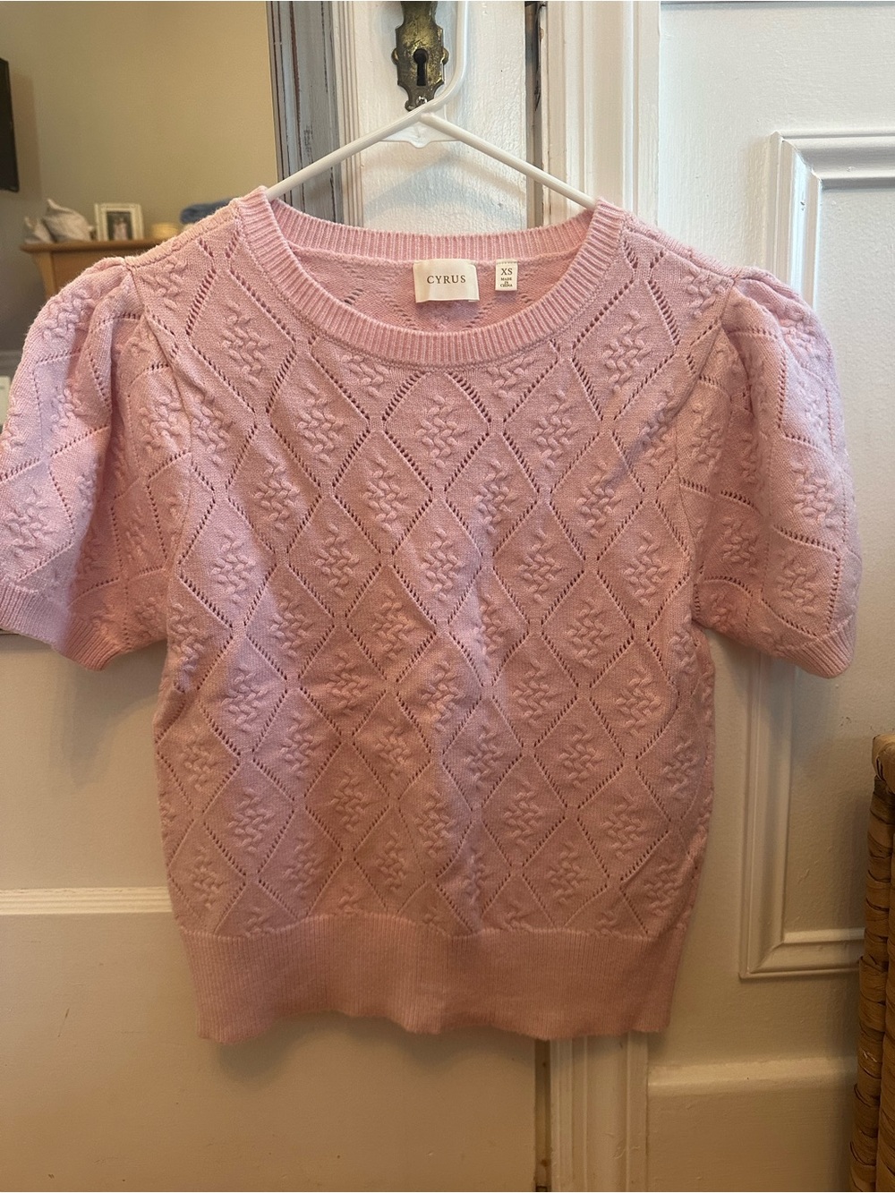 Cyrus Light Pink Puff-Sleeve Openwork Knit Top